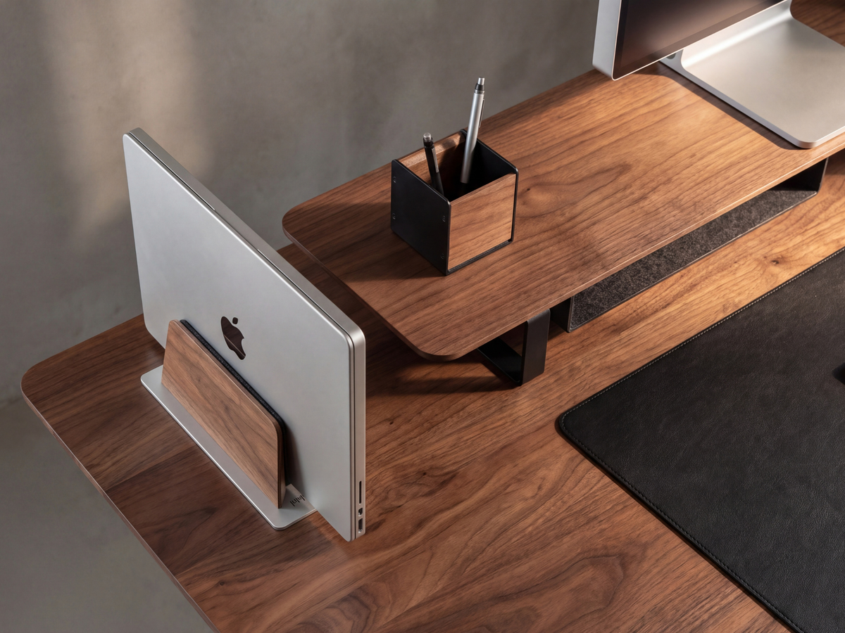 Walnut and aluminum pen holder keeping writing tools organized on a wooden desk shelf