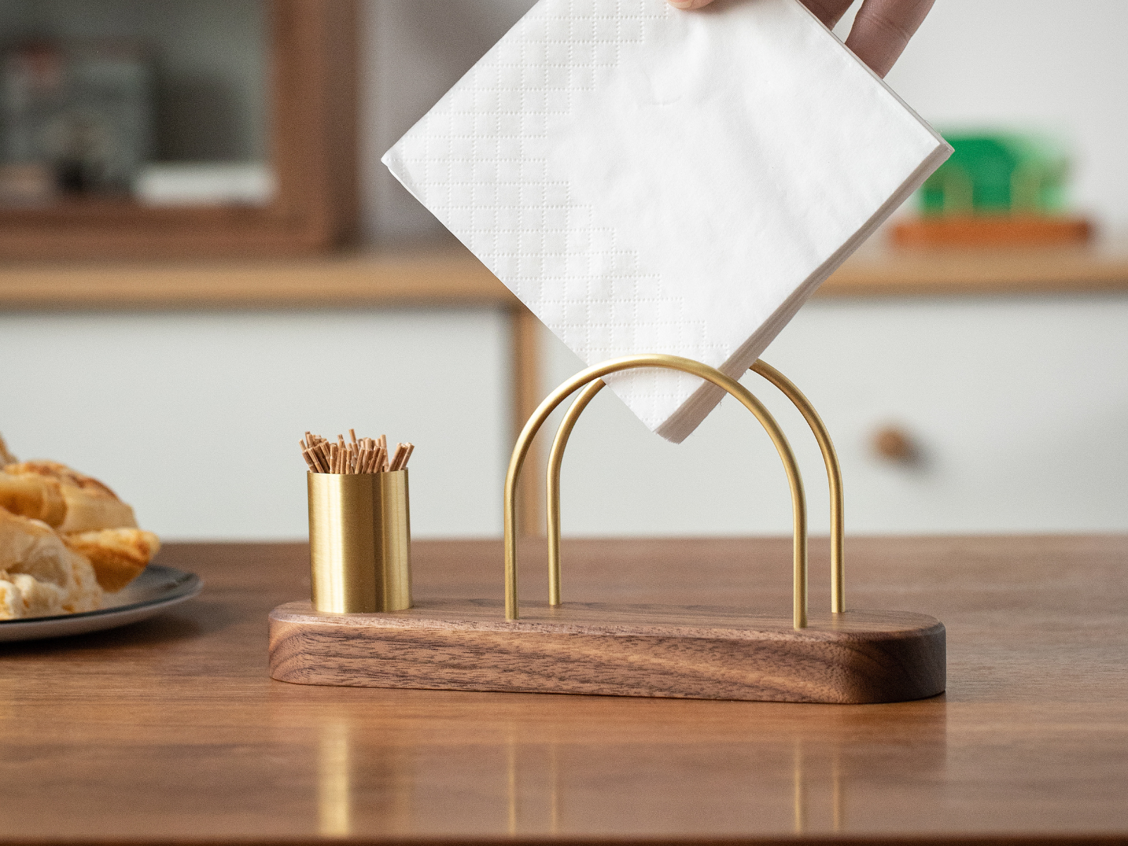 Compact walnut and brass napkin organizer with toothpick holder #Style_With Toothpick Holder