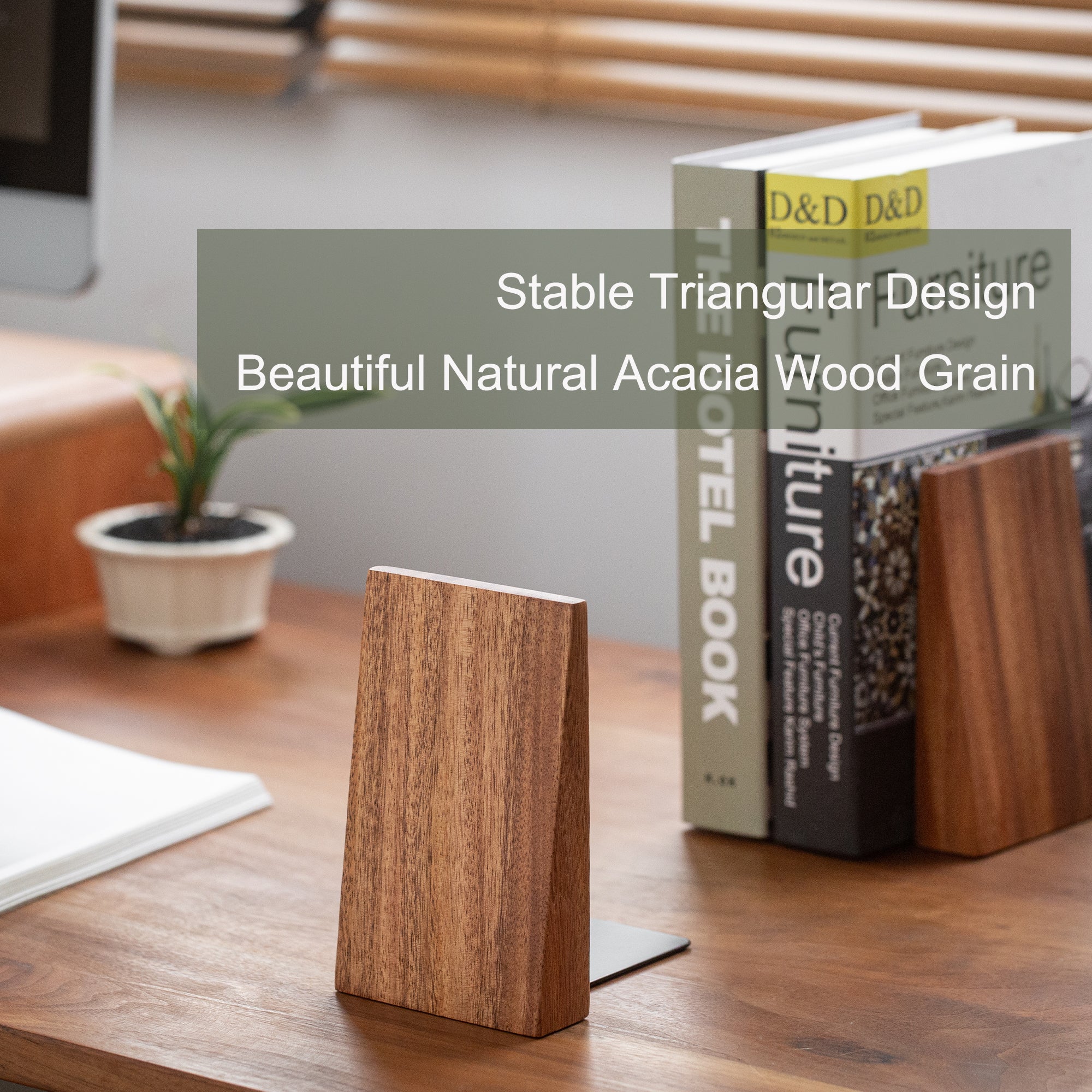Acacia thickened wooden bookends, front view #Material_Acacia