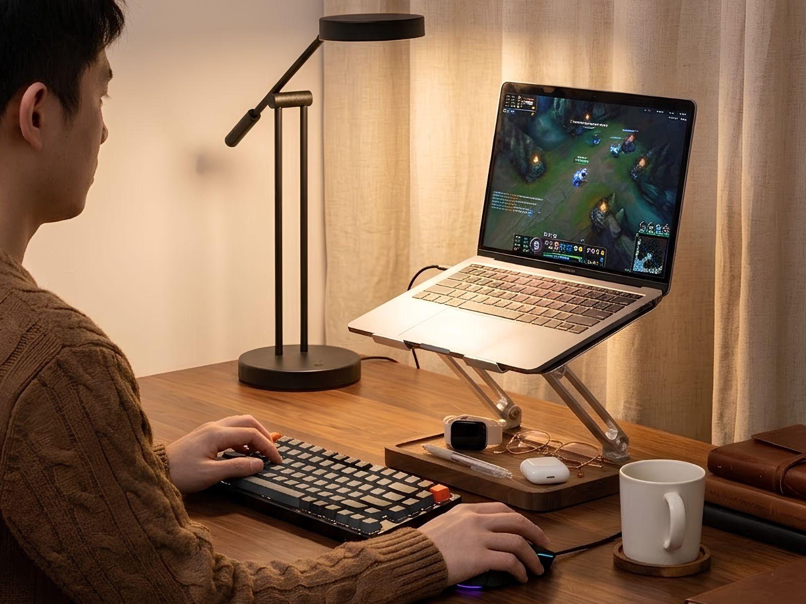 Walnut wood base and aluminum support laptop stand