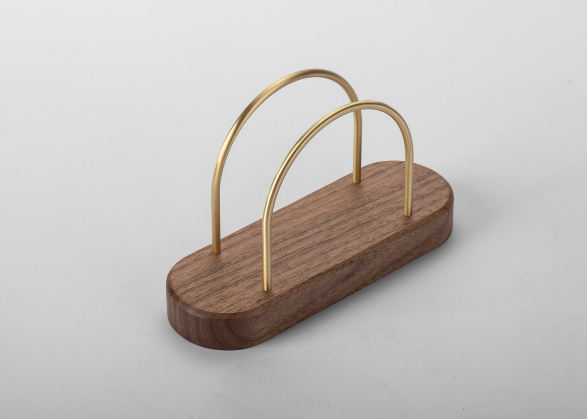 Walnut and brass napkin holder without a toothpick cup, photographed on white #Style_Without Toothpick Holder