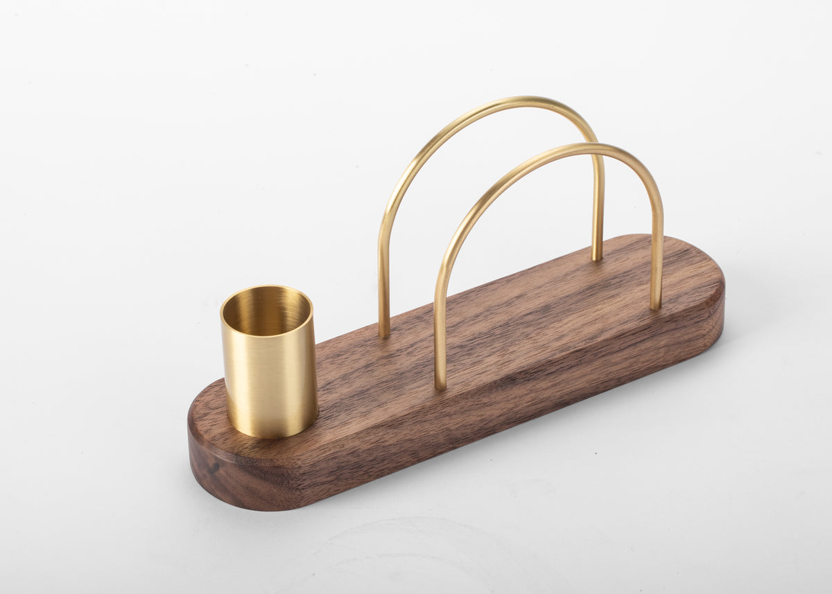 Walnut and brass napkin holder with a toothpick cup, photographed on white #Style_With Toothpick Holder