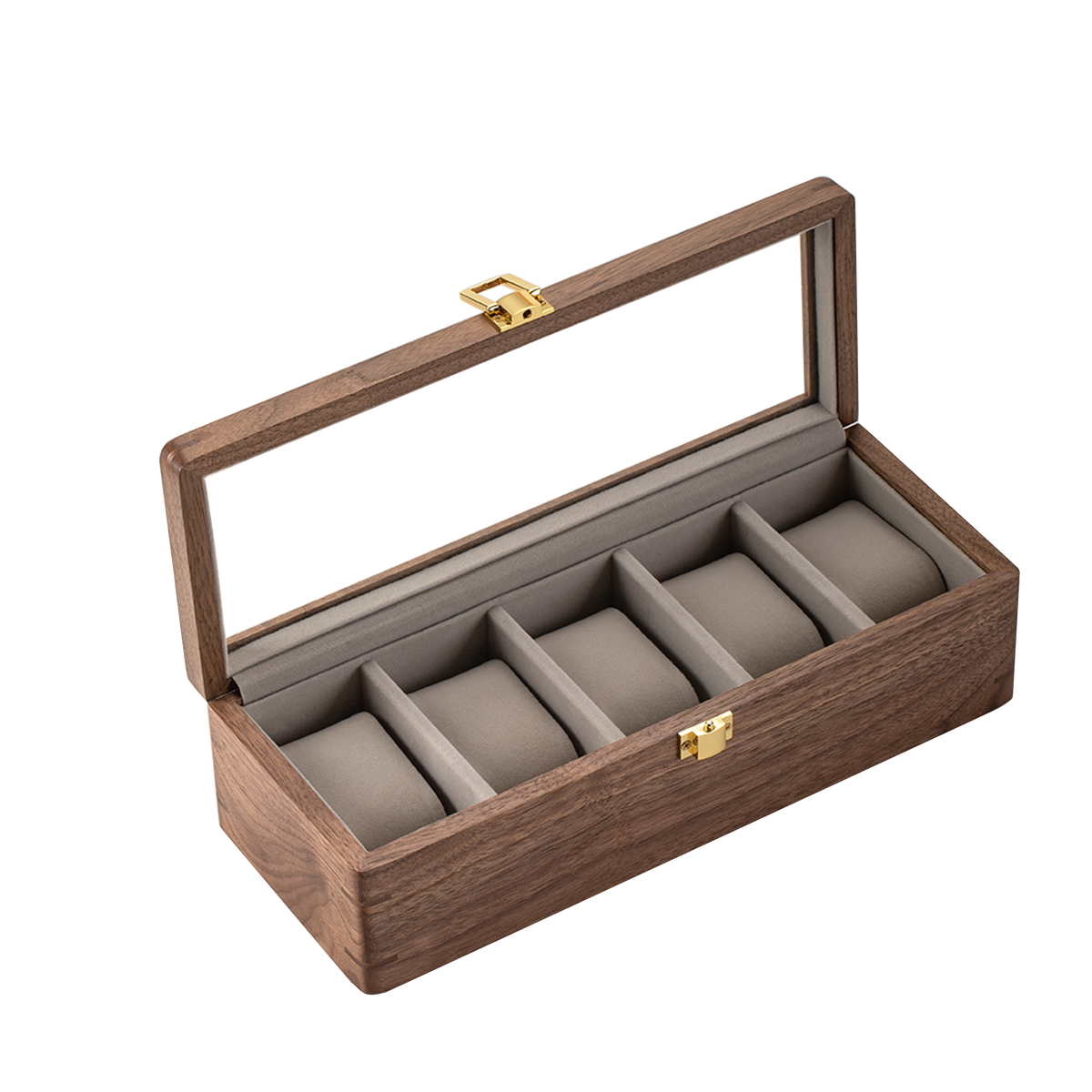 Five-slot walnut watch box with open glass lid, five empty cushions and gold-tone latch; watches not included