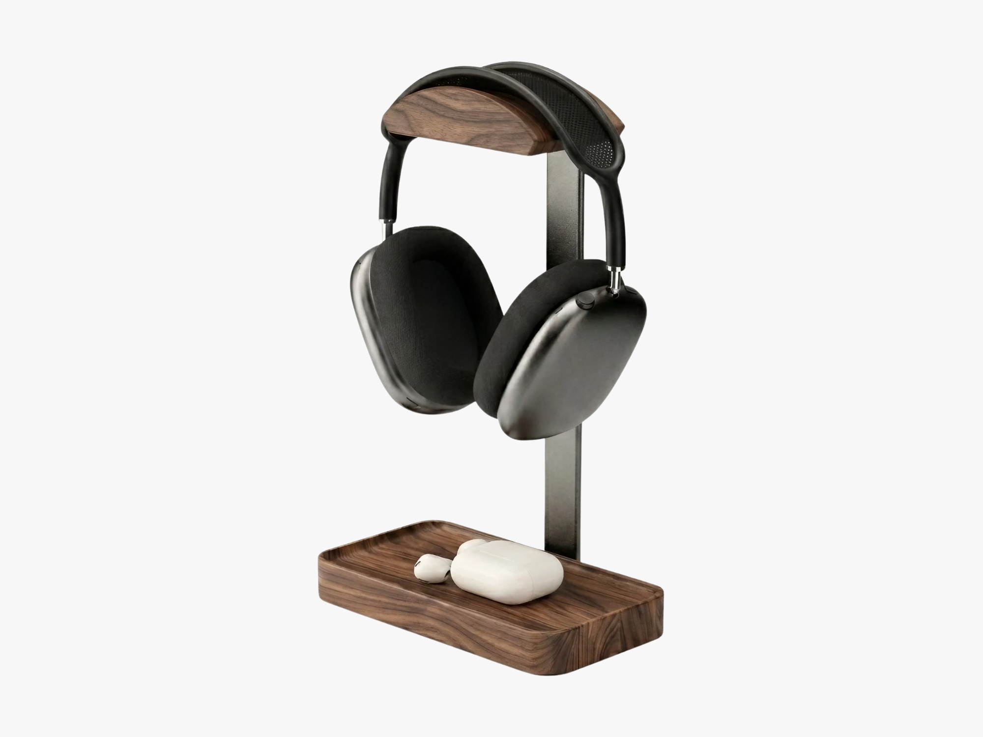 Walnut wooden headphone stand with built-in valet tray #Material_Walnut