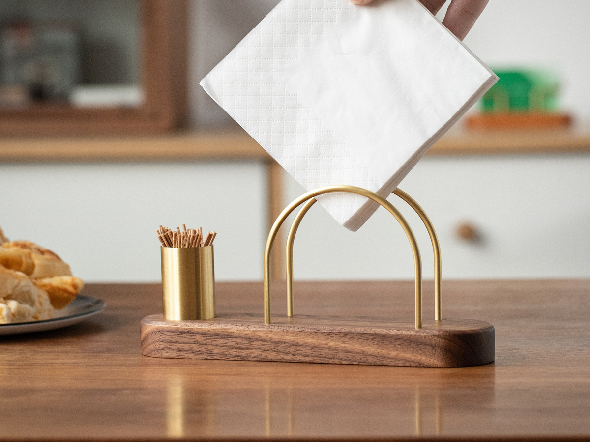 Compact walnut and brass napkin organizer with toothpick holder #Style_With Toothpick Holder