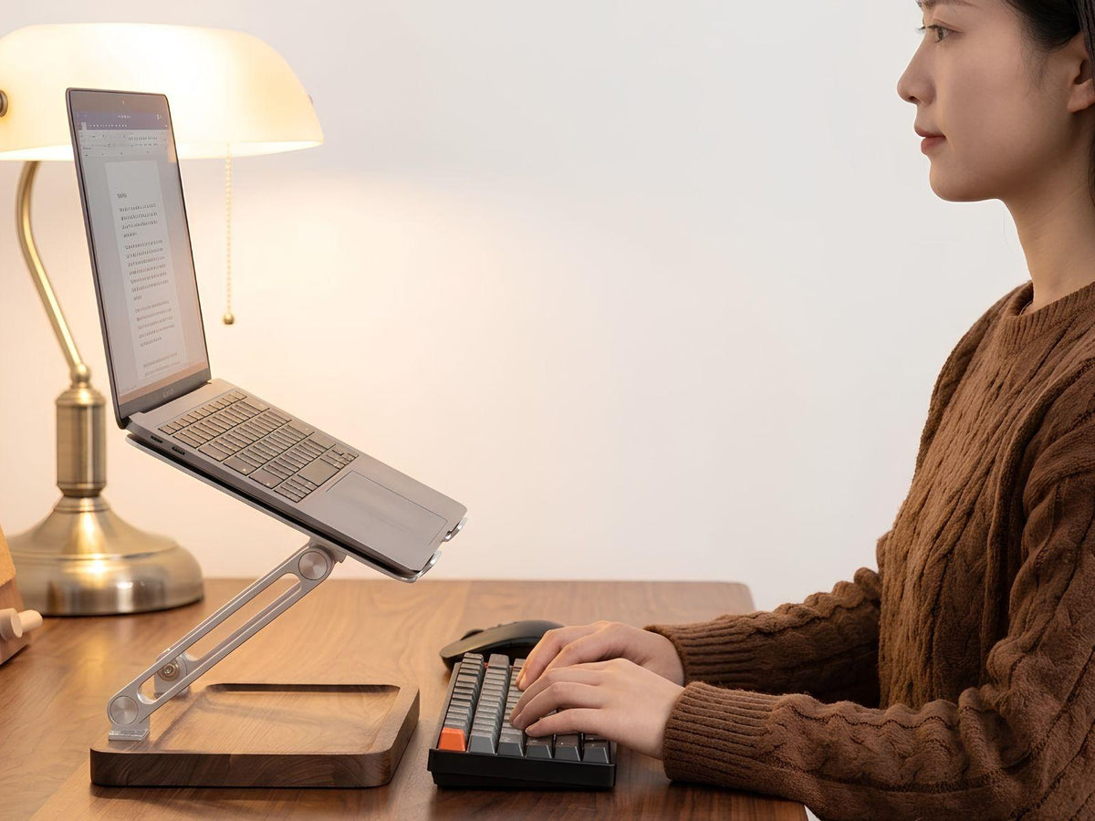 Walnut laptop stand with two-axis adjustment