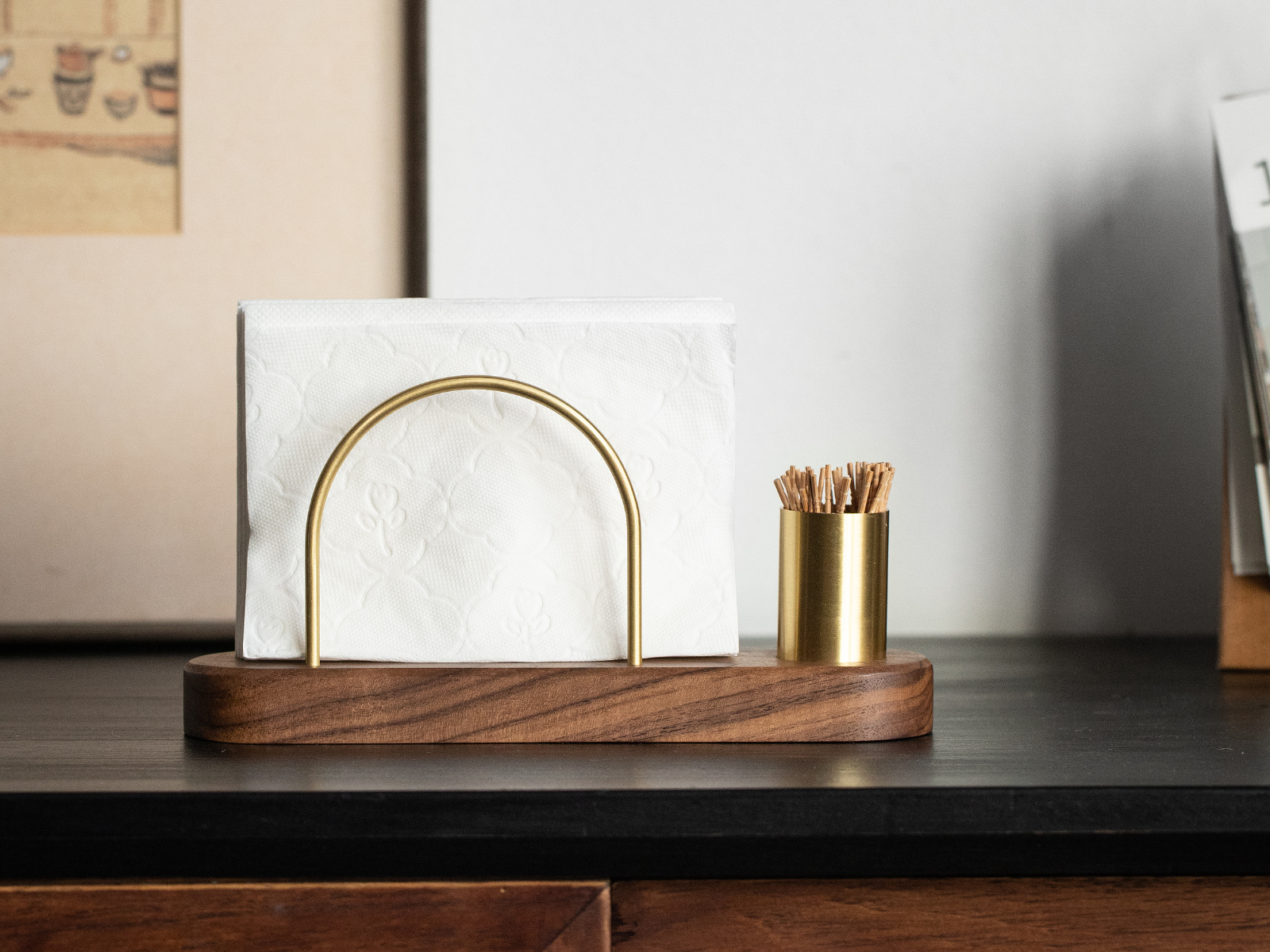 Walnut and brass tabletop napkin holder with integrated toothpick holder #Style_With Toothpick Holder