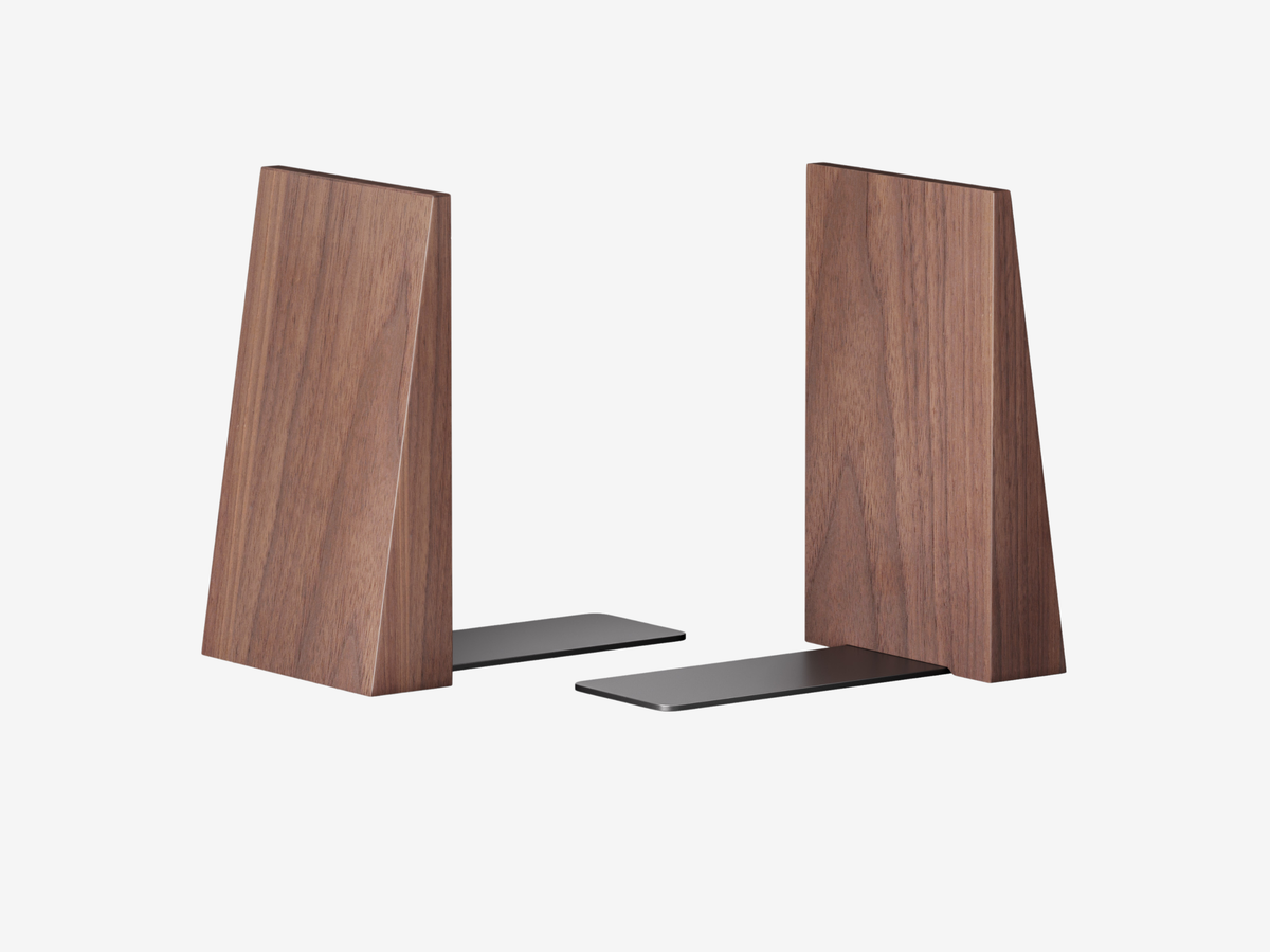 Walnut thickened wooden bookends with black metal bases #Material_Walnut