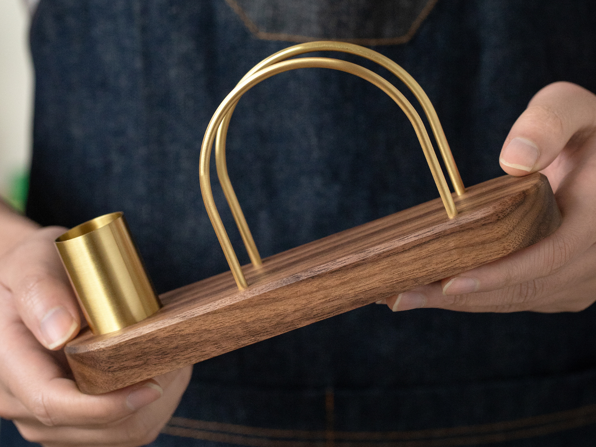 Walnut napkin holder with brass details and toothpick holder #Style_With Toothpick Holder