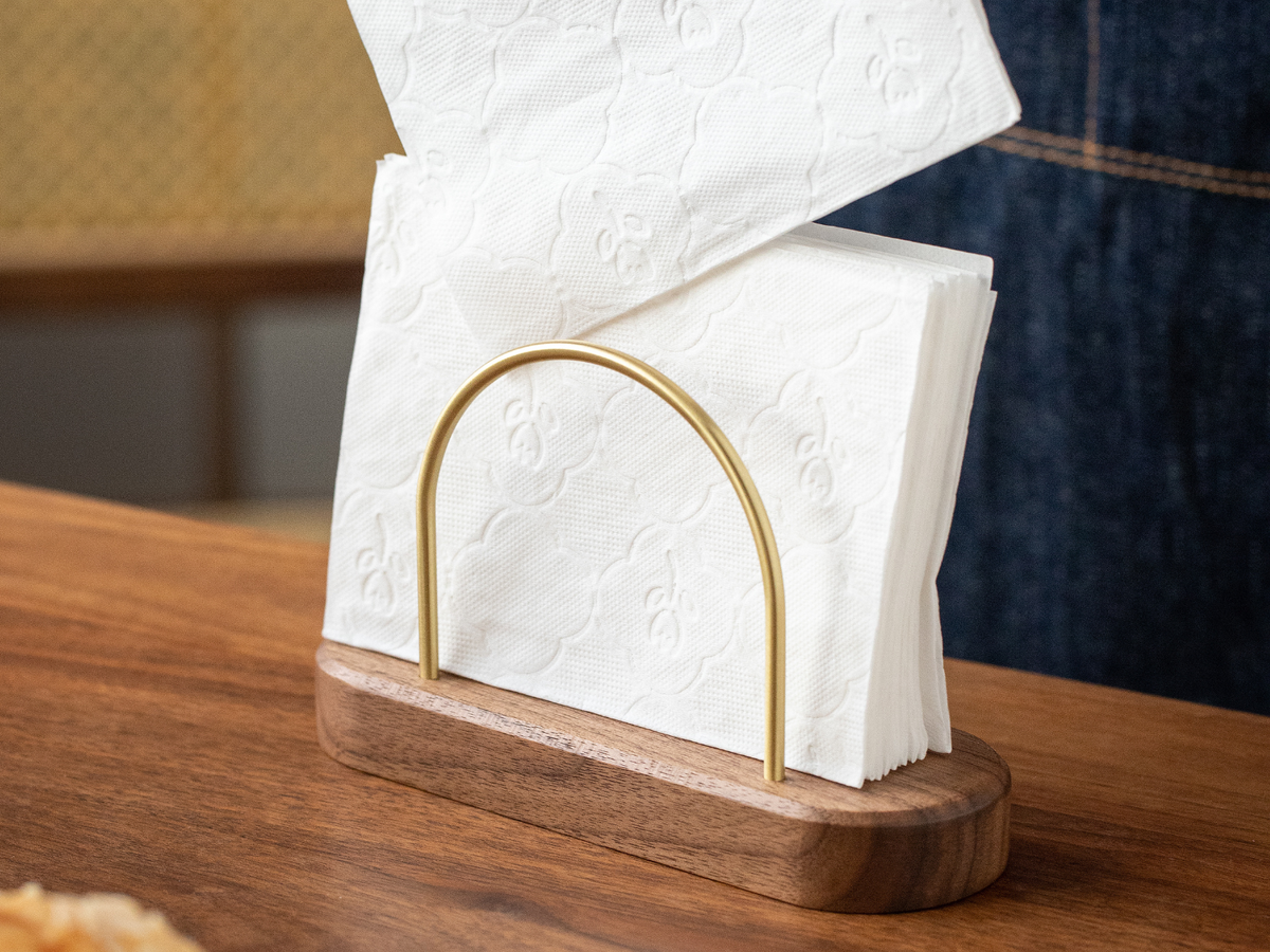 Compact walnut and brass tabletop napkin holder without toothpick holder #Style_Without Toothpick Holder