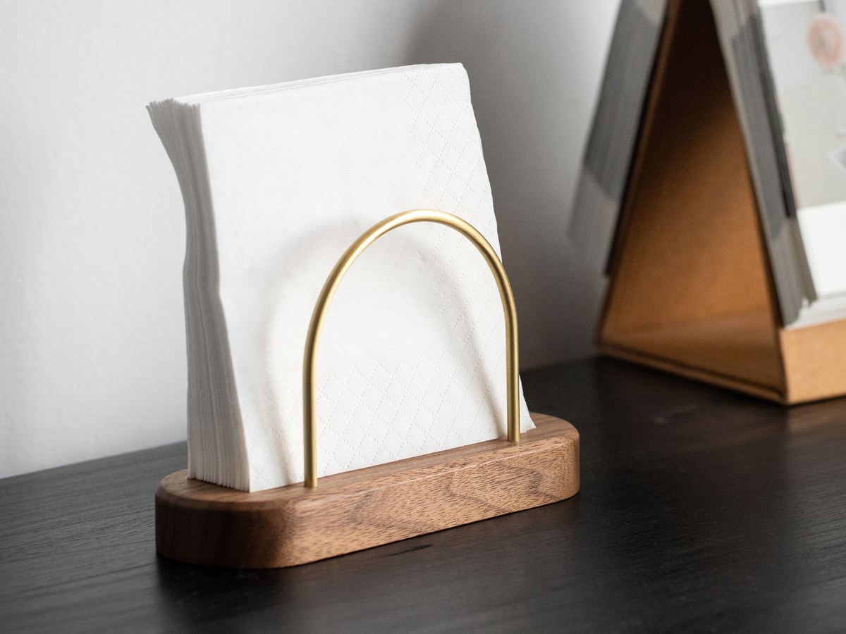 Walnut napkin holder with brass details and compact design #Style_Without Toothpick Holder