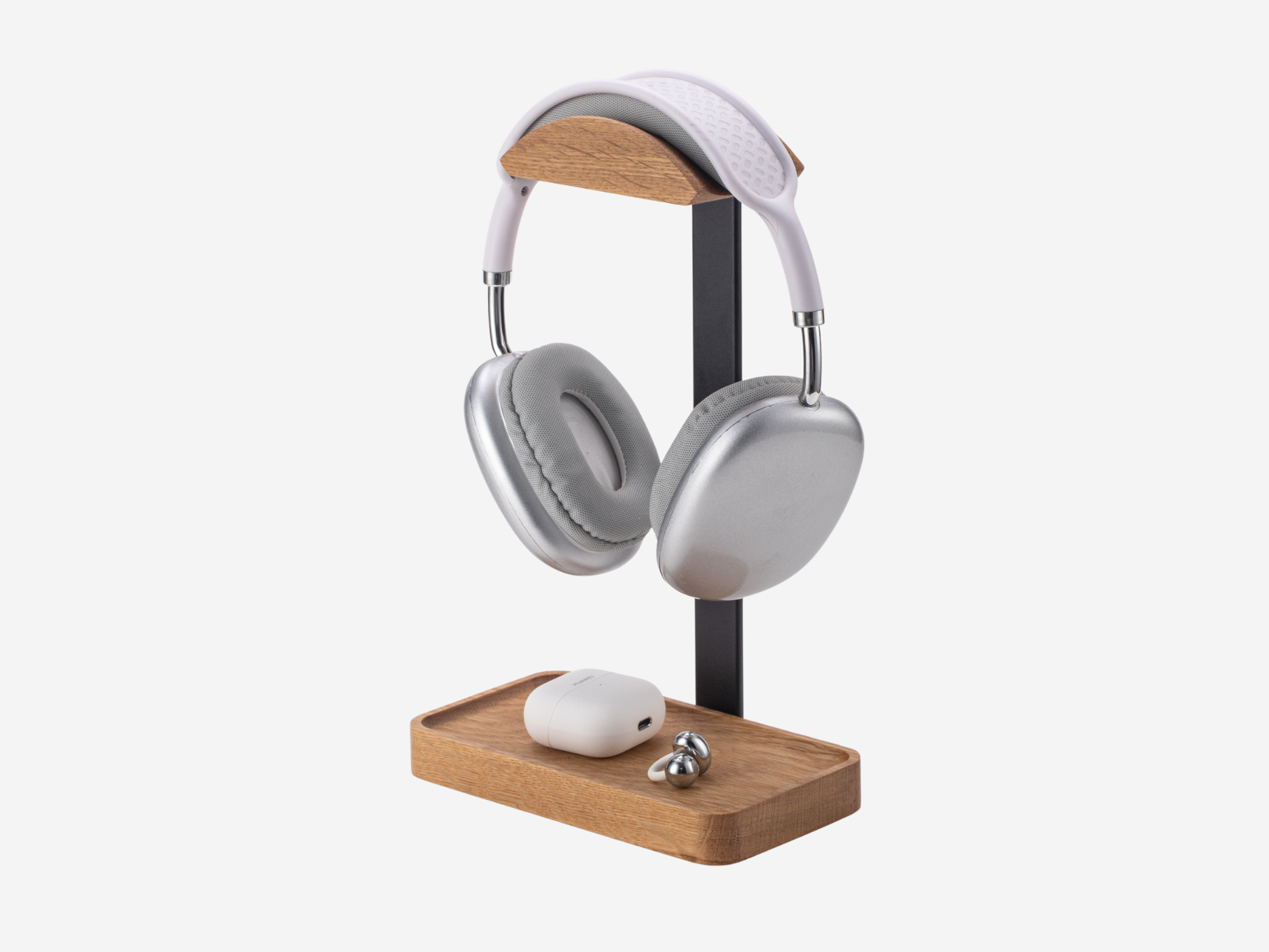 White oak wooden headphone stand with built-in valet tray #Material_White_Oak