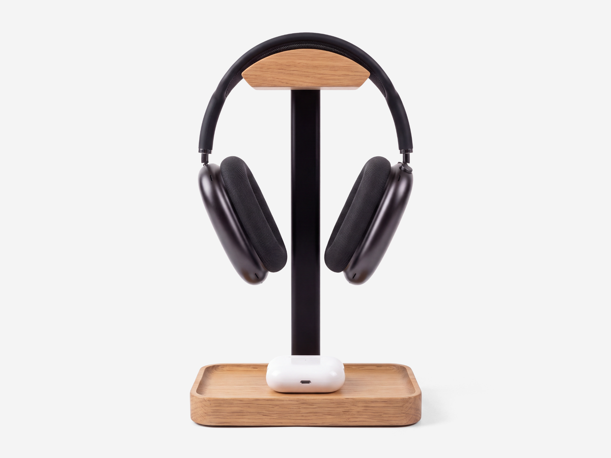 oak wooden headphone stand with built-in valet tray #Material_Oak