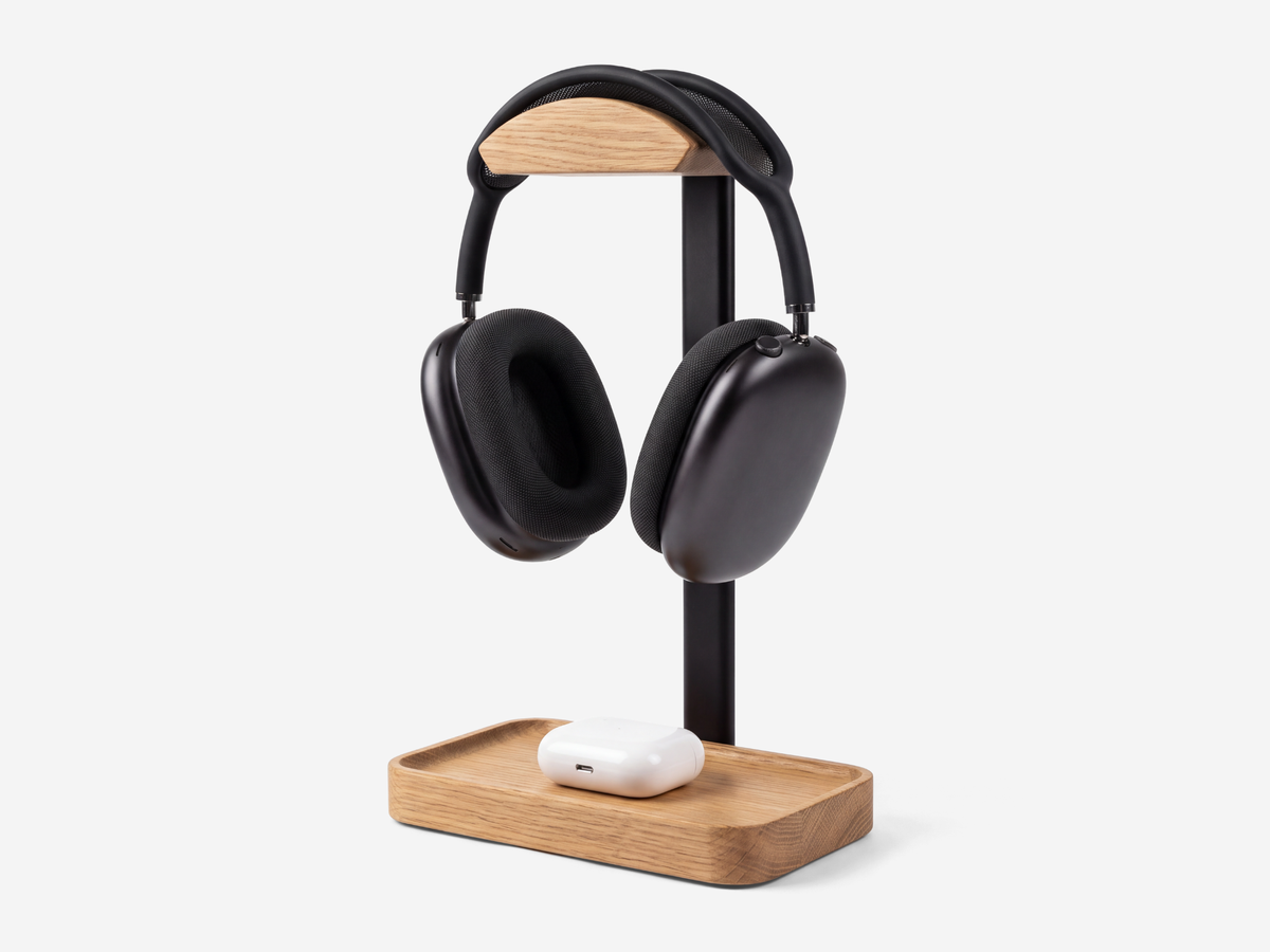 oak wooden headphone stand with built-in valet tray #Material_Oak