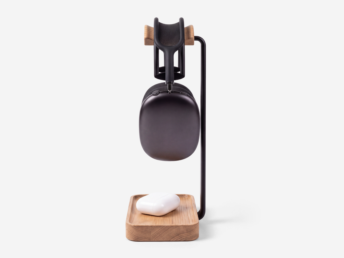 oak wooden headphone stand with built-in valet tray #Material_Oak