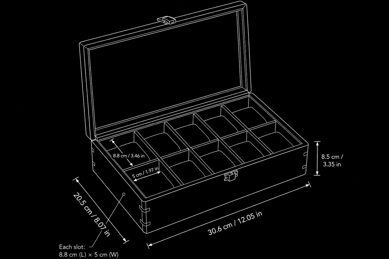 3:2 technical dimensions of the solid walnut 10-slot watch box, with 8.8 cm by 5 cm compartments