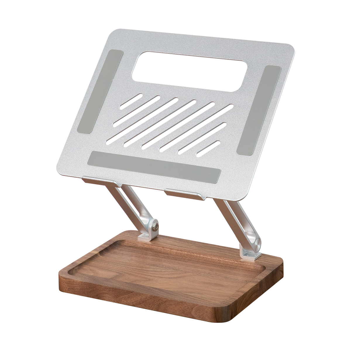 Adjustable silver laptop stand with ventilated support plate, two folding arms and recessed walnut tray base; stand only