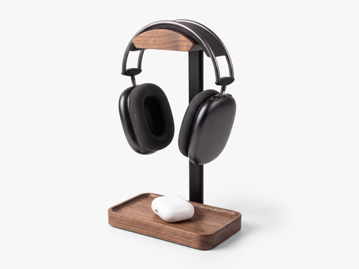 Walnut headphone stand detail with integrated storage tray #Material_Walnut