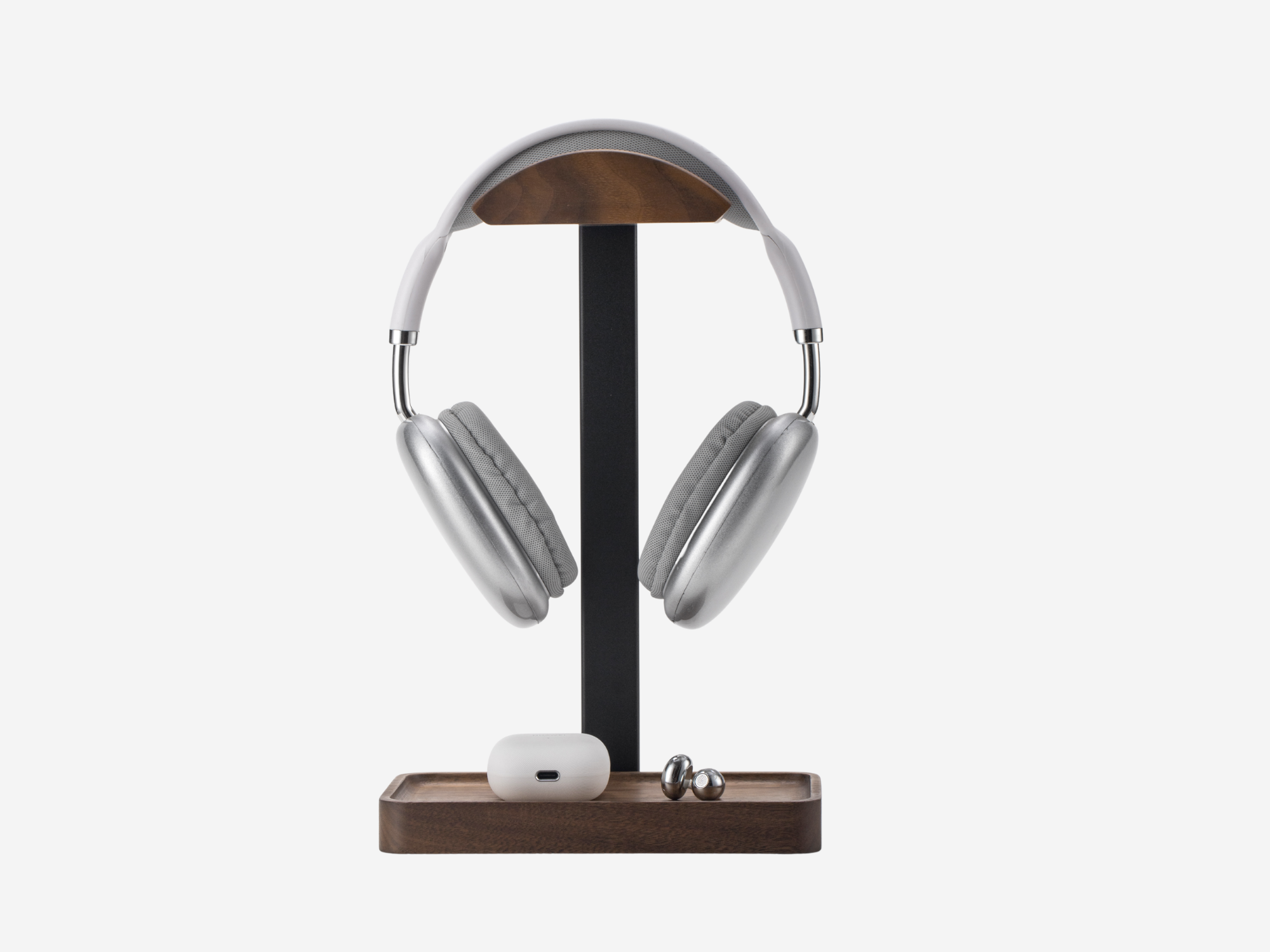 Walnut headphone stand with over-ear headphones #Material_Walnut